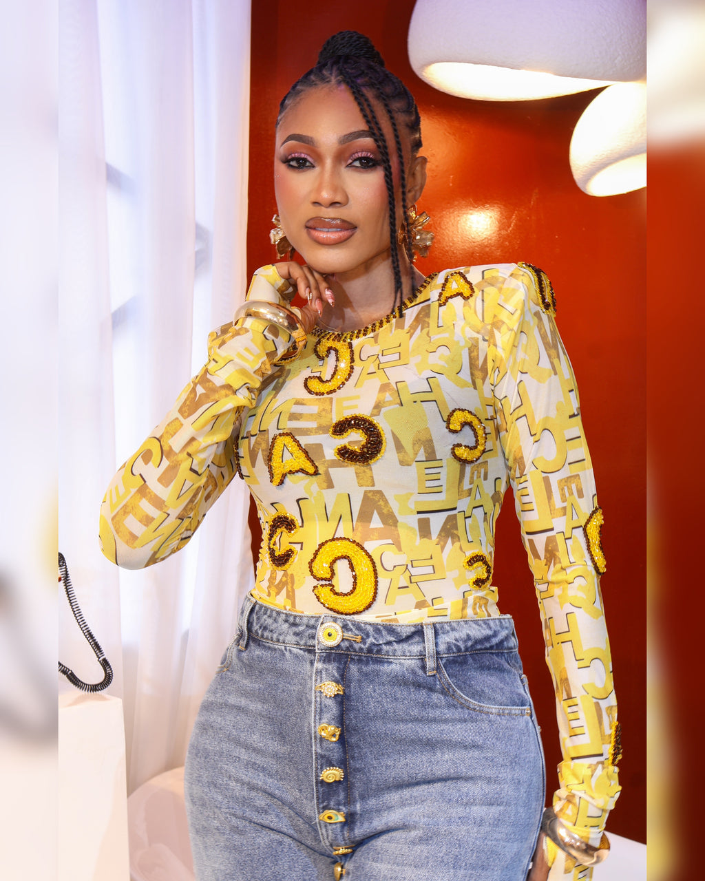 RARA Bodysuit Top In Mustard (Beaded)